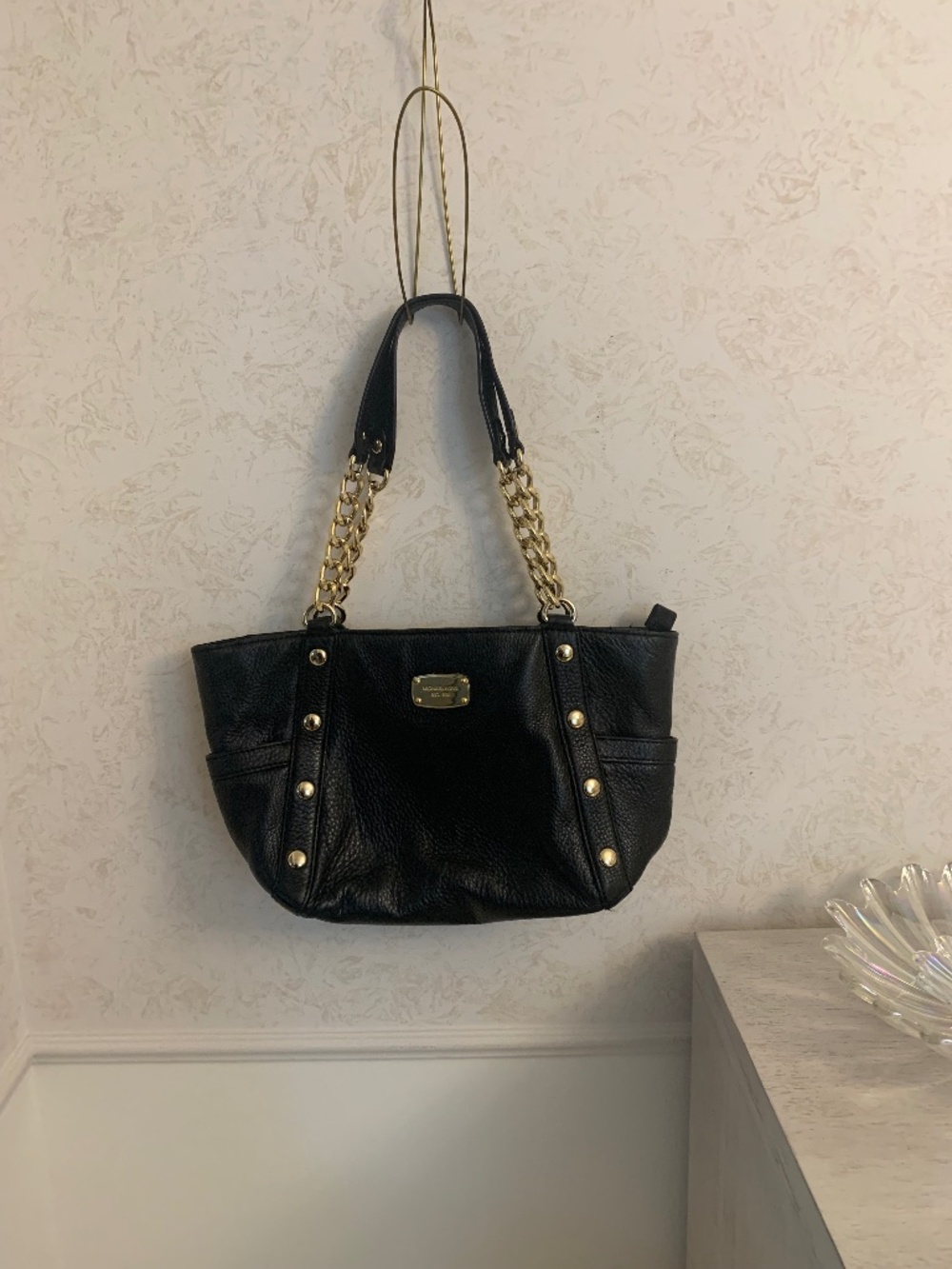 Michael Kors Black Leather Handbag With Yellow Gold Metal Chain and Hardware